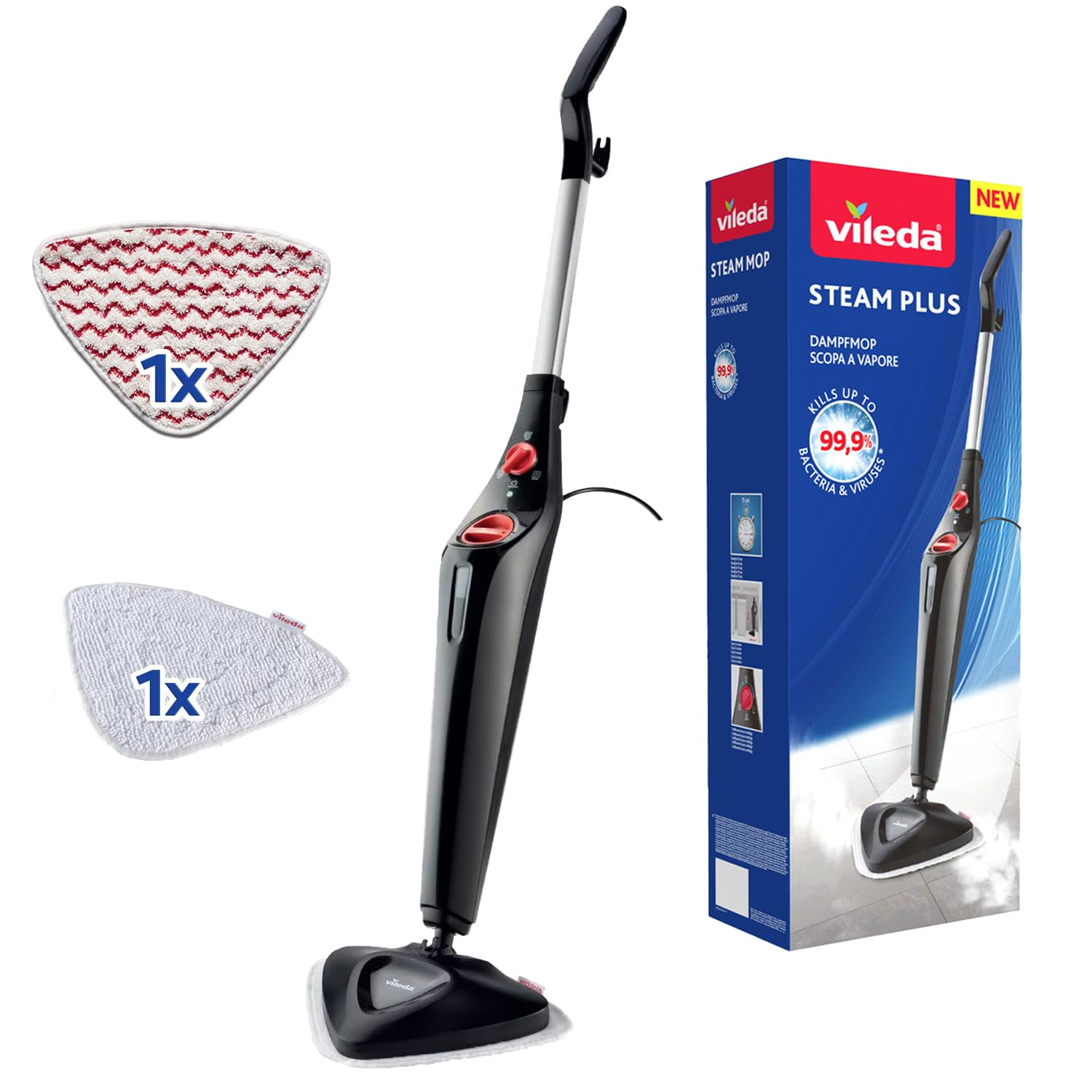 Vileda Steam Plus Dampfreiniger, PowerPad und Mikrofaser-Ersatzbezug, 99,9% Bakterien und Virus entfernt, für alle Böden