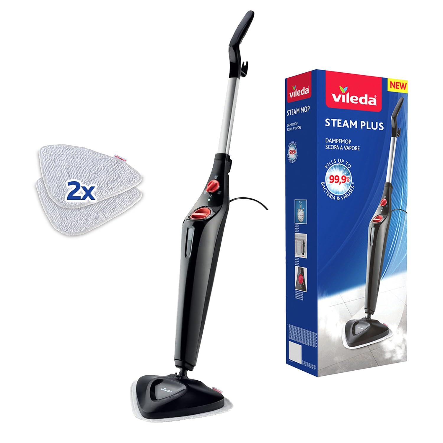 Vileda Steam Plus Dampfreiniger | Hygienischer Bodenreiniger ohne Chemie | Antibakteriell für Alle Böden & Teppiche | Au