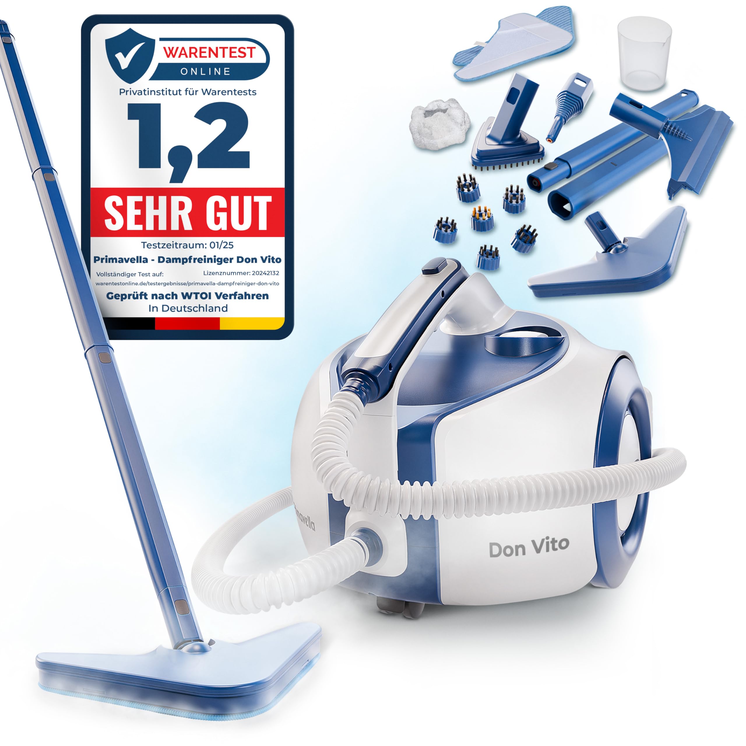 Don Vito Leistungsstarker Dampfreiniger für Böden, Polstermöbel und Badezimmer
| Don Vito 3,5 bar Druck Dampfreiniger m